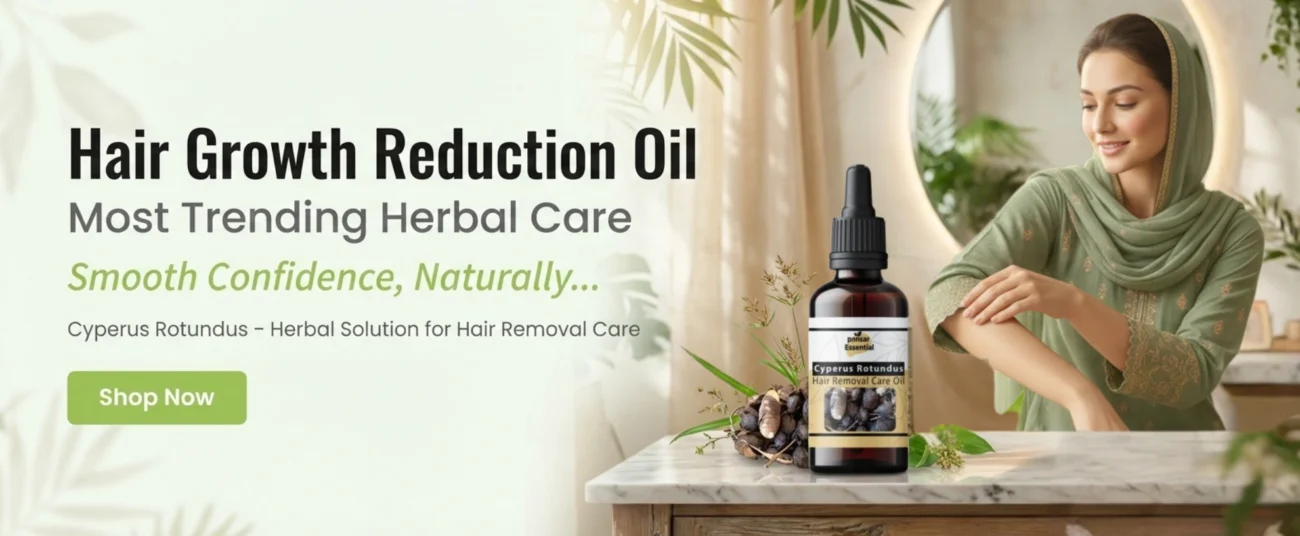Cyperus Rotundus hair growth reduction oil dropper bottle displayed on a table next to a woman applying herbal oil to her arm.