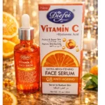 A bottle of Diefei 3D Vitamin C Face Serum with a glass dropper alongside its orange product box, surrounded by sliced oranges and golden lights.