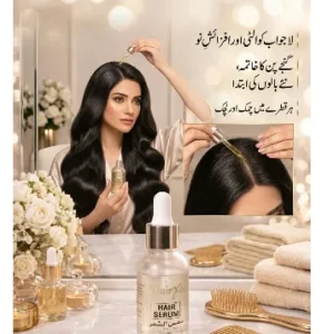 HairXee oil-based hair serum bottle with dropper next to a woman applying scalp treatment for healthy, shiny hair.