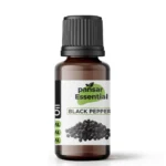 Amber glass bottle of Pansar Essential Black Pepper Essential Oil featuring a black ribbed cap and a white label with whole black peppercorns.