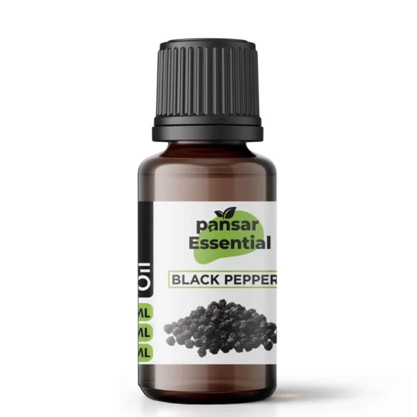 Amber glass bottle of Pansar Essential Black Pepper Essential Oil featuring a black ribbed cap and a white label with whole black peppercorns.