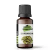 Amber glass bottle of Pansar Essential Cardamom Essential Oil featuring a black ribbed cap and a white label showing green cardamom pods.