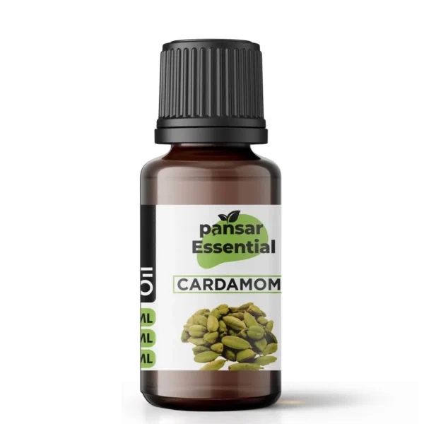 Amber glass bottle of Pansar Essential Cardamom Essential Oil featuring a black ribbed cap and a white label showing green cardamom pods.