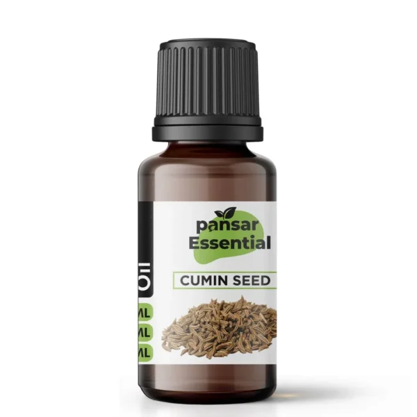 Amber glass bottle of Pansar Essential Cumin Seed Essential Oil featuring a black ribbed cap and a white label with an image of fresh cumin seeds.
