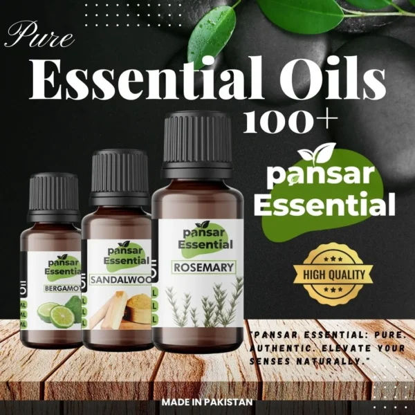 Three amber glass bottles of Pansar Essential oils including Bergamot, Sandalwood, and Rosemary displayed on a wooden surface with a black spa stone background and text reading Pure Essential Oils 100+.