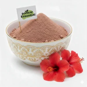 Pure finely ground hibiscus powder in a gold-patterned white ceramic bowl with a Pansar Essential flag label alongside fresh red hibiscus flowers on a white background.