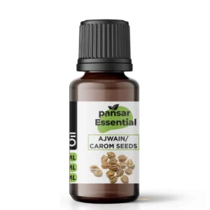 Purist Roots Pansar Essential Ajwain Carom Seeds essential oil in an amber glass bottle with a black cap.