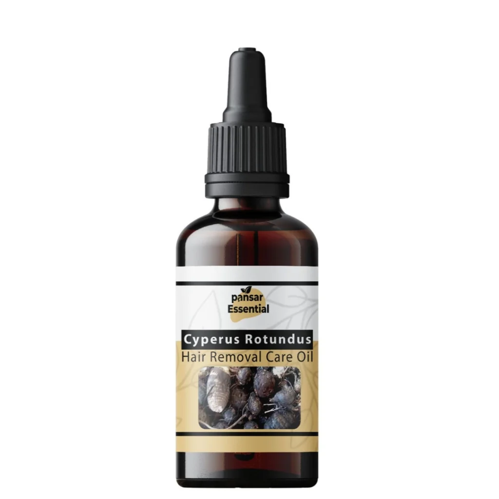 Amber glass dropper bottle of Purist Roots & Pansar Essential Cyperus Rotundus Hair Removal Care Oil against a white background.