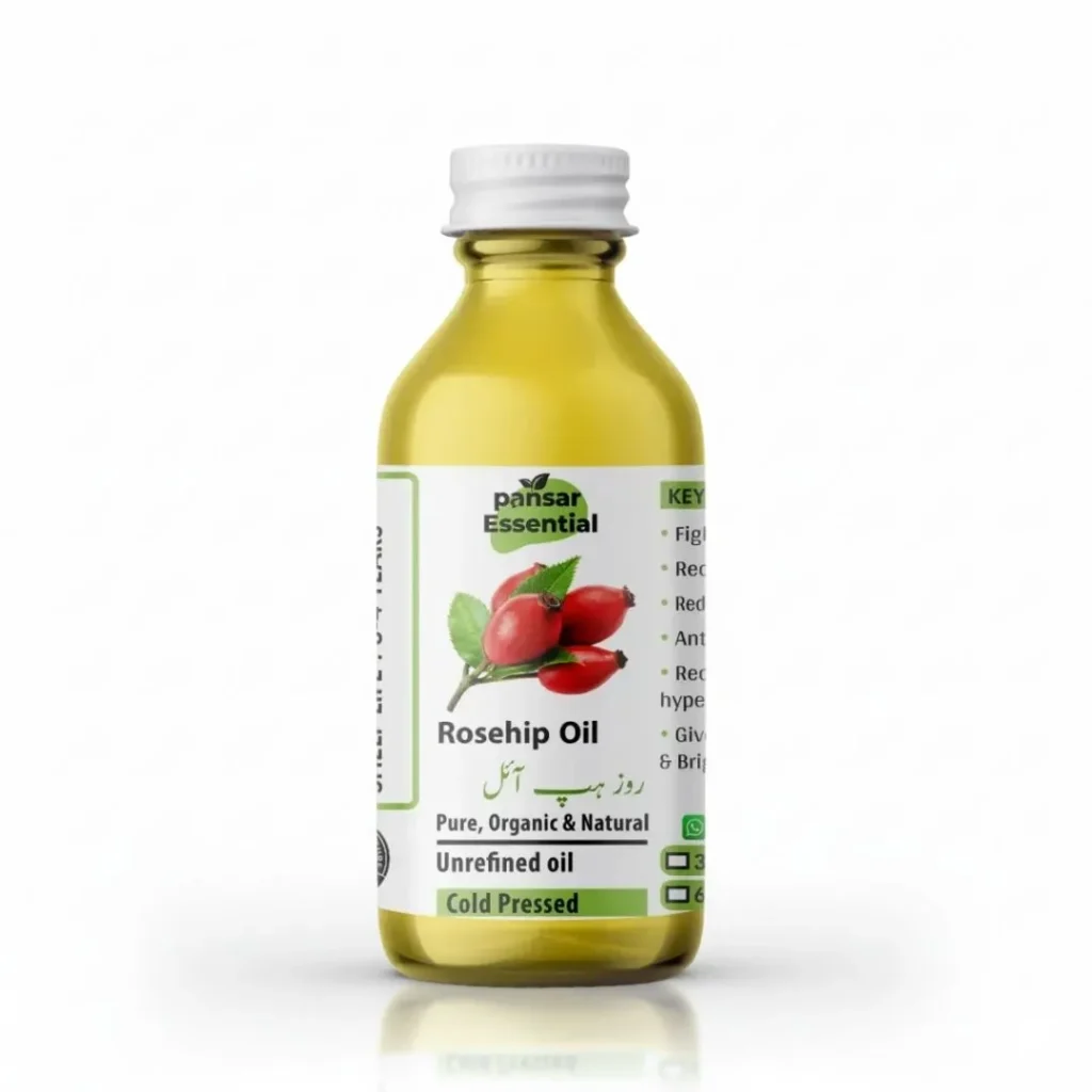 Glass bottle of Pansar Essential Pure Organic Cold Pressed Rosehip Oil with white cap against a plain background.