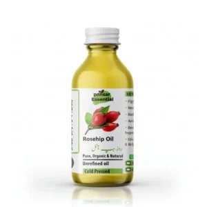 Glass bottle of Pansar Essential Pure Organic Cold Pressed Rosehip Oil with white cap against a plain background.