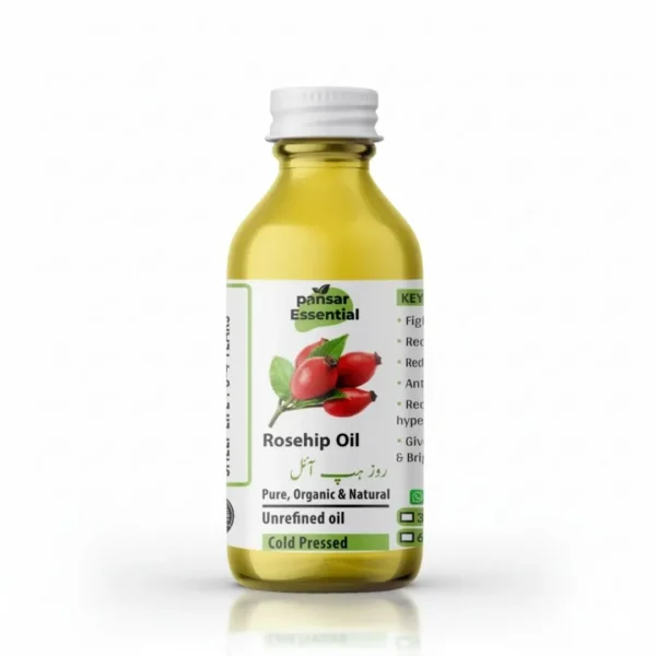 Glass bottle of Pansar Essential Pure Organic Cold Pressed Rosehip Oil with white cap against a plain background.