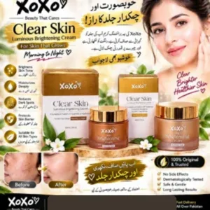 XOXO Clear Skin Luminous Brightening Cream 50ml jar and box package showcasing before and after dark spot removal results.