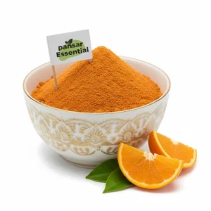 Finely ground orange peel powder in a decorative white bowl with a Pansar Essential flag label alongside fresh orange slices and green leaves.