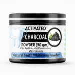 Pansar Essential Activated Charcoal Powder 50g jar for natural teeth whitening, free of additives, preservatives, and colorants.