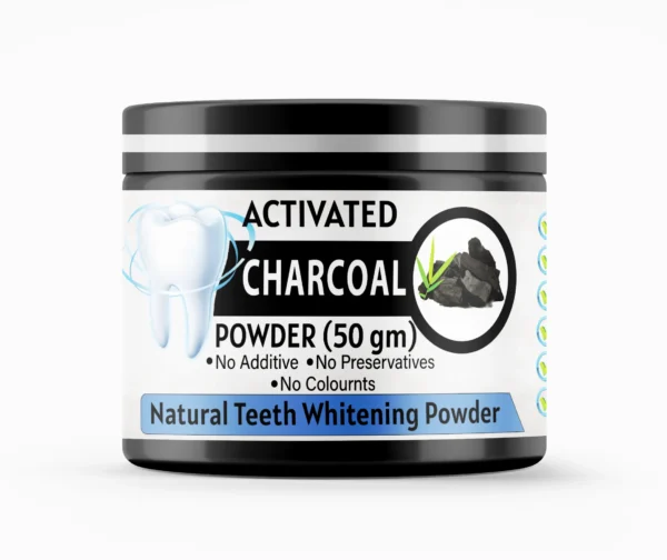Pansar Essential Activated Charcoal Powder 50g jar for natural teeth whitening, free of additives, preservatives, and colorants.