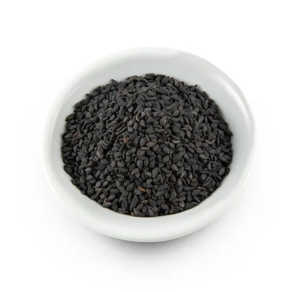 Small white ceramic bowl filled with raw, dry black basil seeds (Tukhm-e-Malanga) on a isolated white background.
