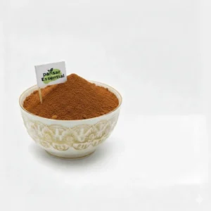 Pansar Essential dark brown herbal henna powder presented in a decorative white and gold bowl with a brand flag.