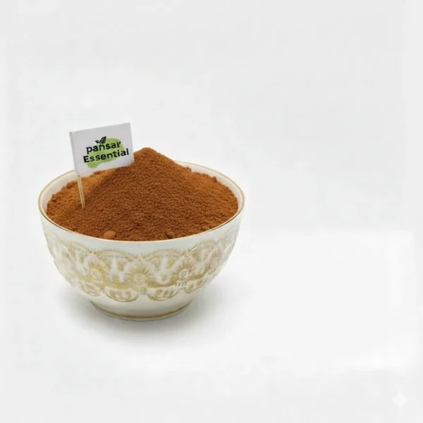 Pansar Essential dark brown herbal henna powder presented in a decorative white and gold bowl with a brand flag.