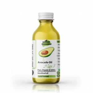 Clear glass bottle of Pansar Essential Organic Cold-Pressed Avocado Oil featuring a white label with an avocado graphic and a white metal cap against a plain background