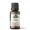 Pansar Essential Pure Garlic Oil in an amber glass bottle with two fresh garlic bulbs and cloves featured on the label.
