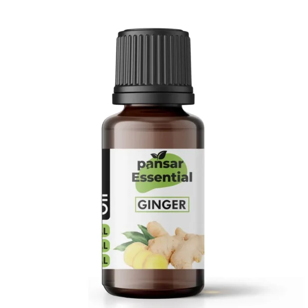 Pansar Essential Pure Ginger Oil in an amber glass dropper bottle featuring fresh ginger root graphics on the label