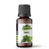 Amber glass bottle of Pansar Essential pure mint oil with a black cap, labeled Mint Pudina Tel with fresh mint leaves illustrated on a white background.