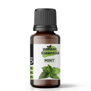 Amber glass bottle of Pansar Essential pure mint oil with a black cap, labeled Mint Pudina Tel with fresh mint leaves illustrated on a white background.