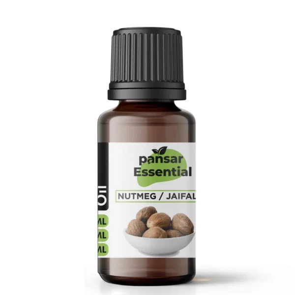 Amber glass bottle of Pansar Essential Pure Nutmeg Jaifal Oil with a black ribbed cap and a white label showing whole nutmeg seeds in a bowl.