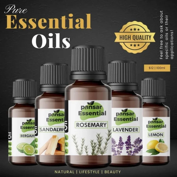 Pansar Essential therapeutic-grade oils collection featuring Bergamot, Sandalwood, Rosemary, Lavender, and Lemon in amber glass bottles.