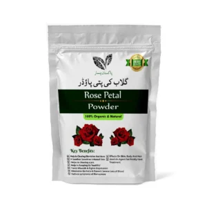 Pansar Essential 100% Organic and Natural Rose Petal Powder in a silver resealable pouch featuring red rose illustrations and product benefits.