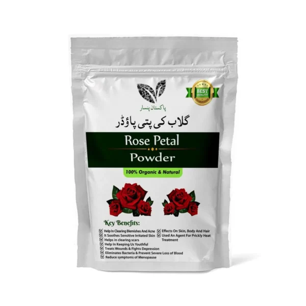 Pansar Essential 100% Organic and Natural Rose Petal Powder in a silver resealable pouch featuring red rose illustrations and product benefits.