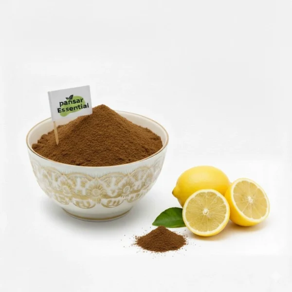 Pansar Essential natural lemon peel powder in a decorative white bowl next to fresh sliced lemons for skin brightening