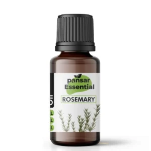 Amber glass bottle of Pansar Essential Rosemary Essential Oil with a black cap for hair and skin care.