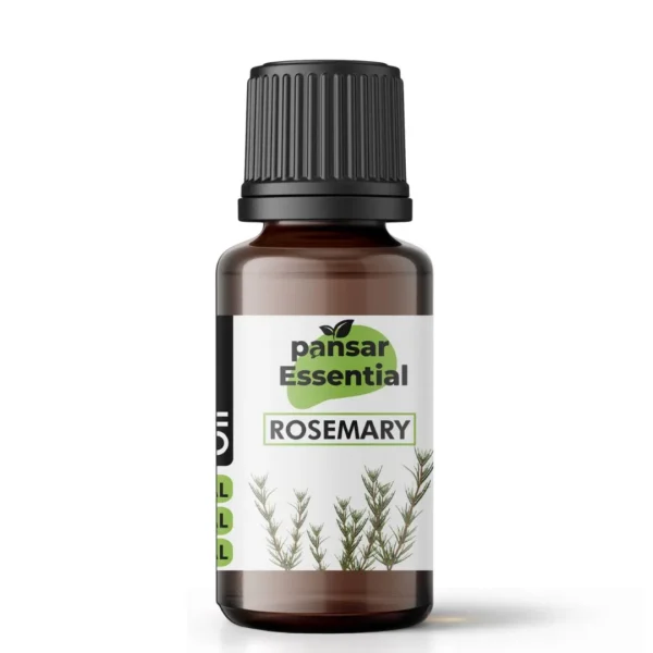 Amber glass bottle of Pansar Essential Rosemary Essential Oil with a black cap for hair and skin care.