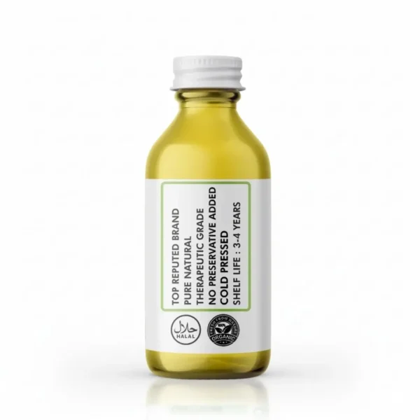 Back label view of Pansar Essential cold-pressed oil bottle featuring Halal and 100% Organic certified seals.