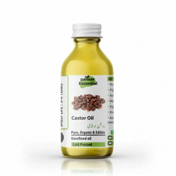 Clear glass bottle of Pansar Essential pure, organic, cold-pressed castor oil (Arandi ka Tail) against a clean white background.