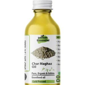 Pansar Essential Char Maghaz Oil clear glass bottle with white cap featuring four seeds graphic and Urdu text label, showing pure organic cold-pressed oil.