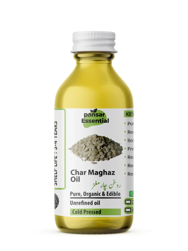 Pansar Essential Char Maghaz Oil clear glass bottle with white cap featuring four seeds graphic and Urdu text label, showing pure organic cold-pressed oil.