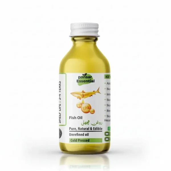 Pansar Essential Fish Oil (Roghan Machli) glass bottle featuring pure, unrefined, cold-pressed Omega-3 EPA and DHA supplement.