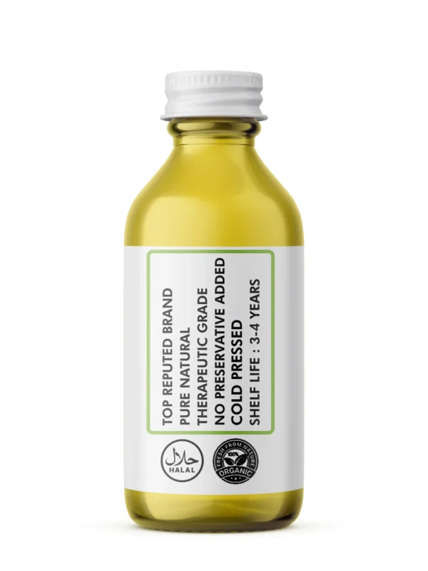 Back view of Pansar Essential Garlic Oil bottle showing Halal and 100% Organic certifications with product specifications.