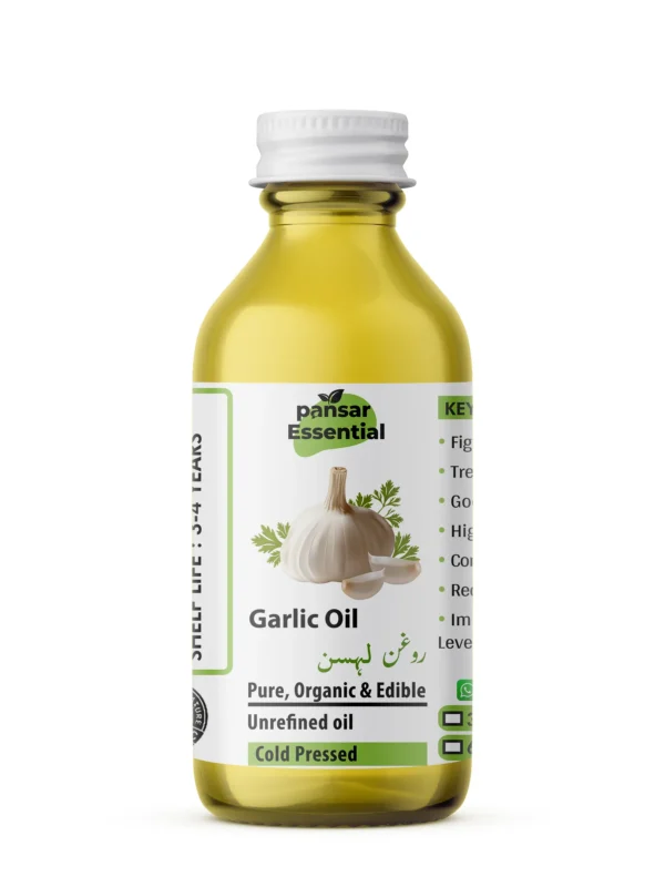 Pansar Essential Pure Organic Garlic Oil bottle with white label featuring garlic clove illustration and Urdu text Roghan Lehsan.