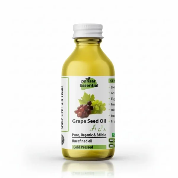 Pansar Essential Pure Cold Pressed Grape Seed Oil Roghan Angoor bottle for skin glow and cooking.