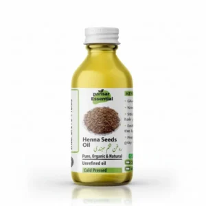 Clear glass bottle of Pansar Essential Henna Seeds Oil (Roghan Tukhm Mehndi) with white cap, featuring pure, organic, cold-pressed unrefined hair oil against a white background.
