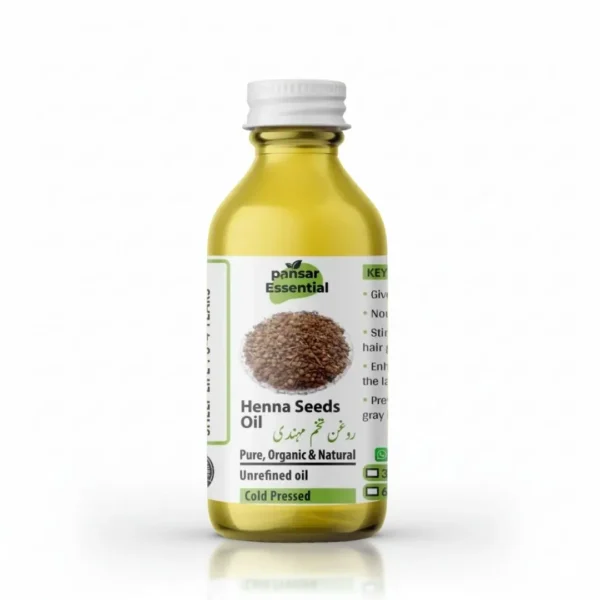 Clear glass bottle of Pansar Essential Henna Seeds Oil (Roghan Tukhm Mehndi) with white cap, featuring pure, organic, cold-pressed unrefined hair oil against a white background.