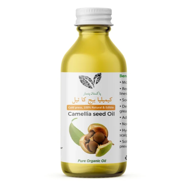 A clear glass bottle of Pansar Essential Organic Camellia Seed Oil featuring Urdu and English labels with camellia seed artwork.