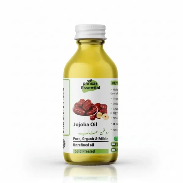 Clear glass bottle of Pansar Essential Organic Cold-Pressed Jojoba Oil against a plain white background.