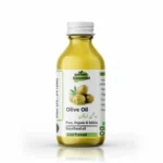 Clear glass bottle of Pansar Essential Organic Extra Virgin Olive Oil with white screw-on cap on a clean white background.