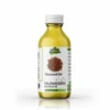 Clear glass bottle of Pansar Essential Organic Cold-Pressed Flaxseed Oil (Roghan Alsi) against a white background.