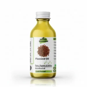 Clear glass bottle of Pansar Essential Organic Cold-Pressed Flaxseed Oil (Roghan Alsi) against a white background.