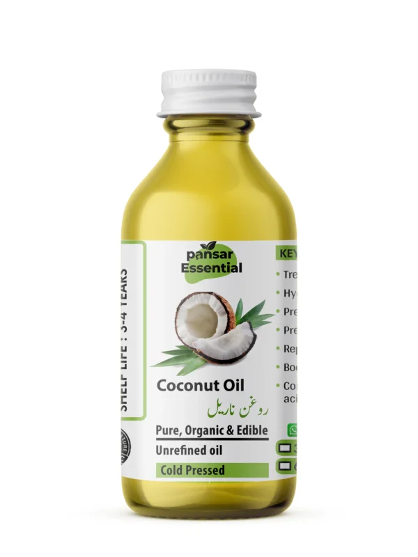 Pansar Essential pure, cold-pressed, unrefined organic coconut oil bottle for hair and scalp care